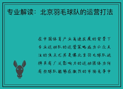 专业解读：北京羽毛球队的运营打法