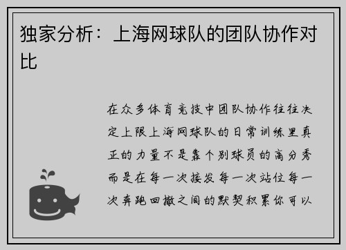 独家分析：上海网球队的团队协作对比